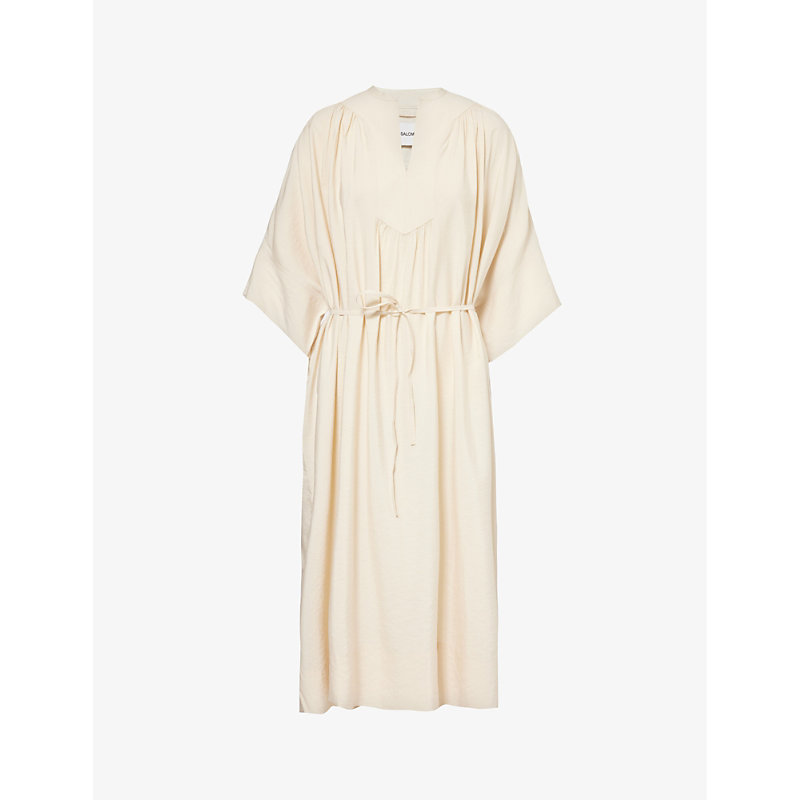 Shop Yves Salomon Women's Creme Pleated Relaxed-fit Silk-blend Midi Dress