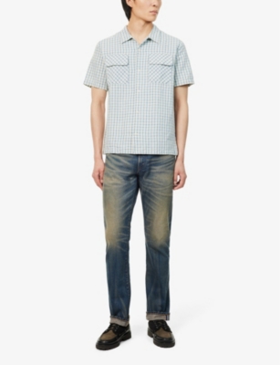 Shop Rrl Checked Short-sleeved Cotton And Linen-blend Shirt In Rl-710 Indigo/creme