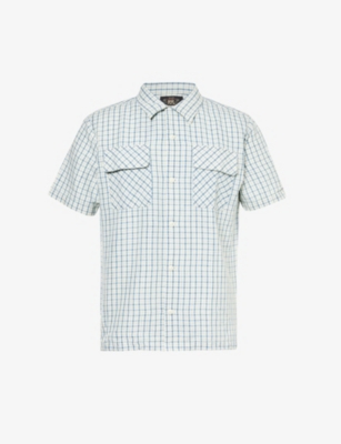 Shop Rrl Checked Short-sleeved Cotton And Linen-blend Shirt In Rl-710 Indigo/creme