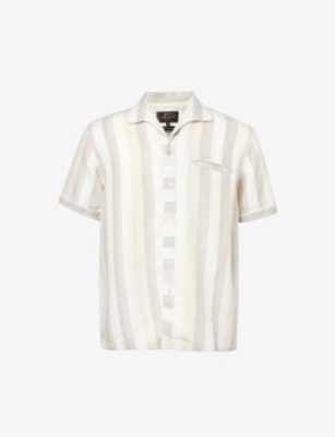 Shop Beams Plus Men's Stripe Striped Camp-collar Linen Shirt