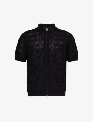 BEAMS PLUS: Zip open-knit cotton knitted polo shirt