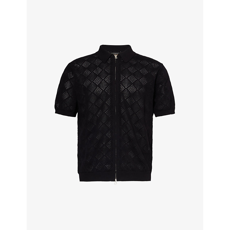 Shop Beams Zip Open-knit Cotton Knitted Polo In Black