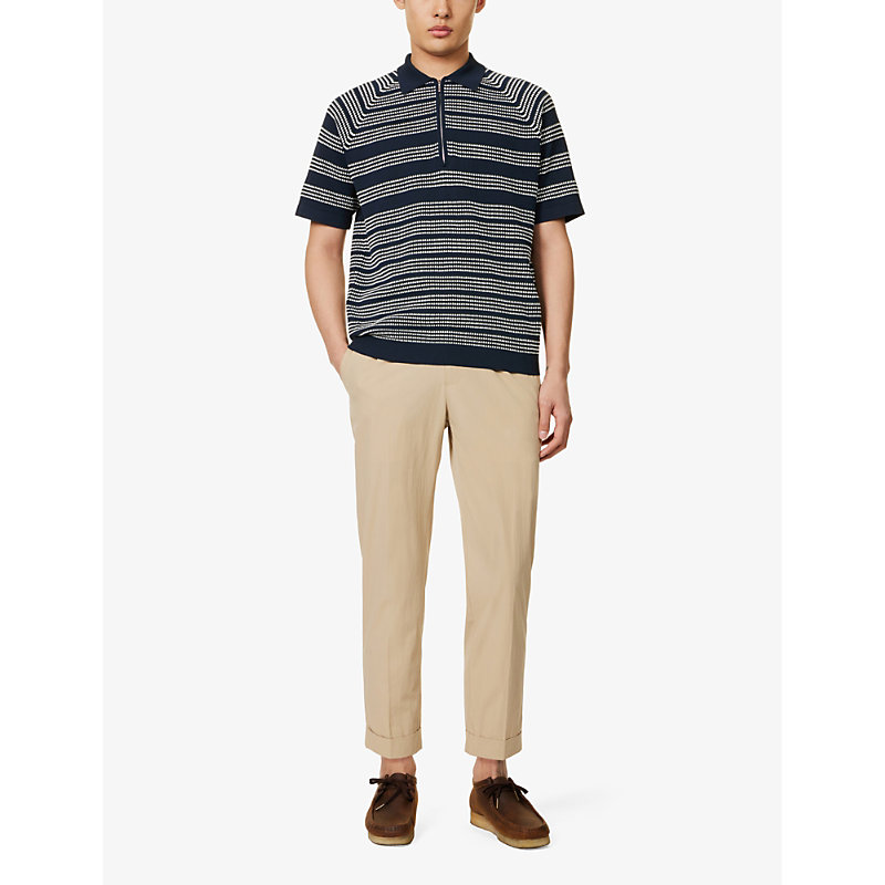 Shop Beams Plus Men's Navy Zip Stripe-pattern Cotton Knitted Polo Shirt