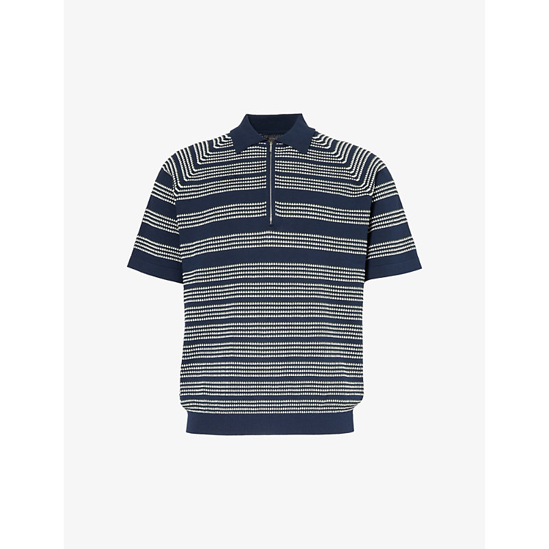 Shop Beams Plus Men's Navy Zip Stripe-pattern Cotton Knitted Polo Shirt