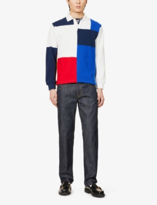 Shop Beams Plus Men's Multi Colour Block Ribbed-trim Cotton-blend Polo Shirt