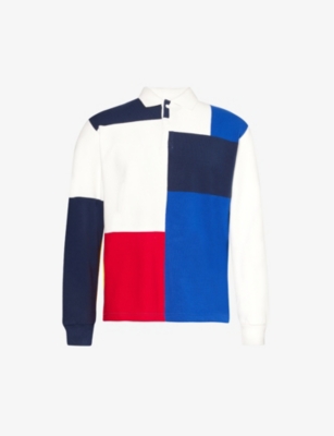 Shop Beams Plus Men's Multi Colour Block Ribbed-trim Cotton-blend Polo Shirt