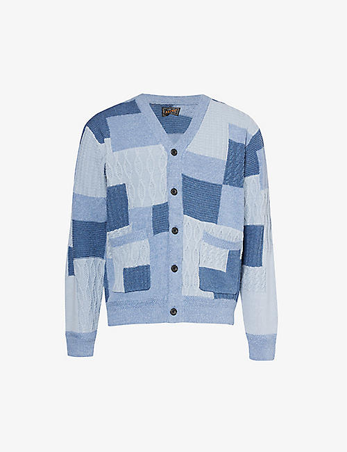 BEAMS PLUS: Patchwork V-neck cotton and linen-blend knitted cardigan