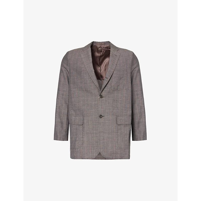 Shop Beams Plus Men's Brown Plaid-patterned Single-breasted Wool And Linen-blend Blazer