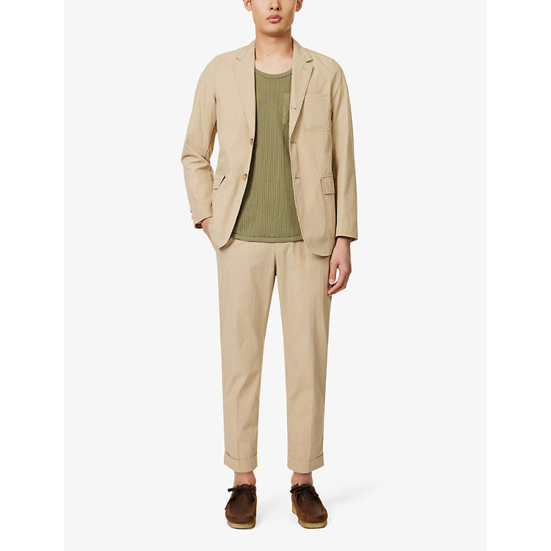 Shop Beams Pleated Tapered-leg Cotton-blend Trousers In Beige