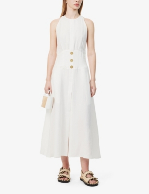 Shop Le Kasha Women's White Buttoned Halterneck Linen Midi Dress