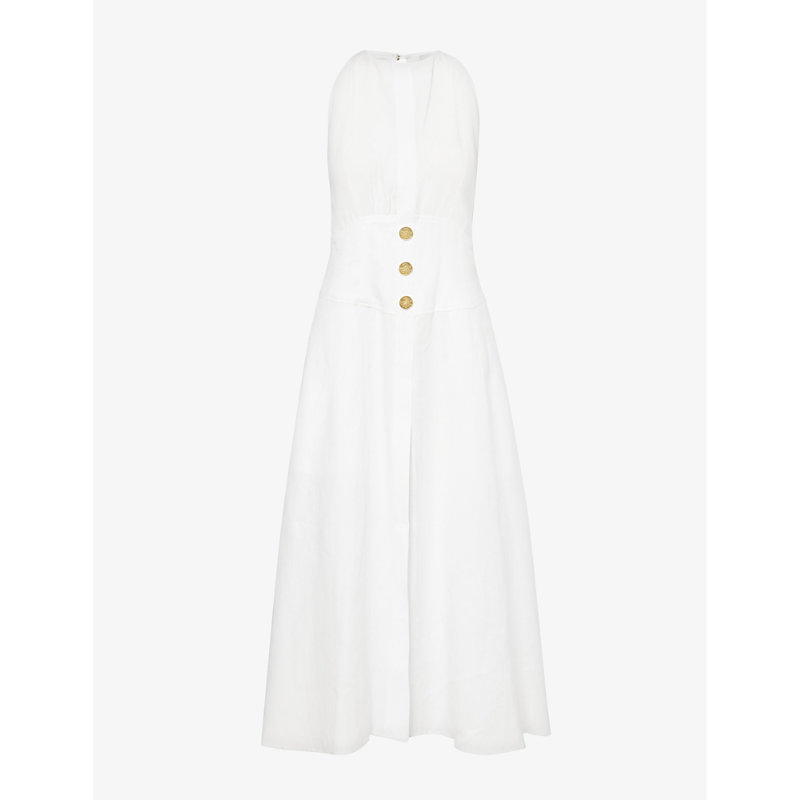 Le Kasha Womens White Buttoned Halterneck Linen Midi Dress