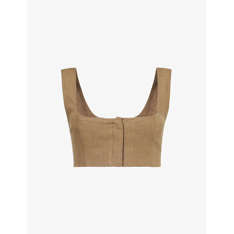 Shop Le Kasha Square-neck Cropped Linen Top In Tabacco