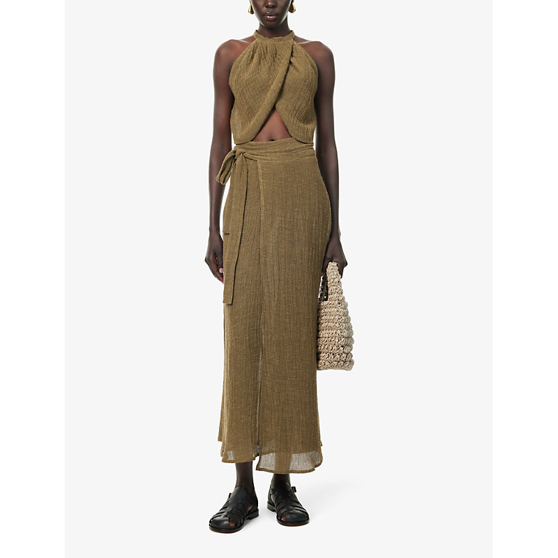 Shop Le Kasha Women's Tabacco Wrap-front High-waist Linen Maxi Skirt