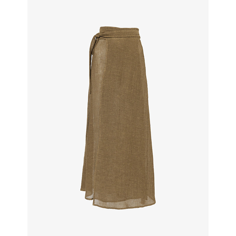 Shop Le Kasha Women's Tabacco Wrap-front High-waist Linen Maxi Skirt