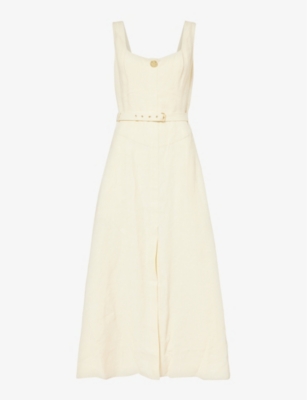 Shop Le Kasha Women's Yellow Scoop-neck Belted Linen Midi Dress