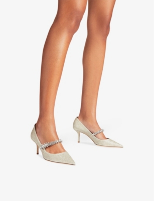 Shop Jimmy Choo Womens  Bing 65 Glitter-embellished Leather Heeled Mules In Platinum Ice