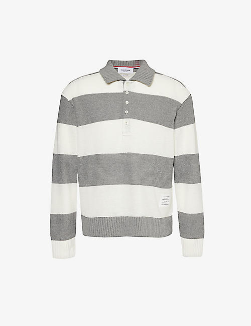 THOM BROWNE: Striped brand-patch cotton-knit rugby shirt