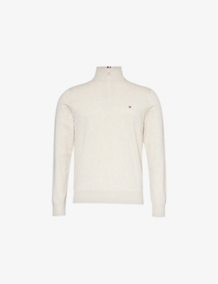 Tommy Hilfiger Mens Heathered Oatmilk 1985 Logo-embroidered Long-sleeve Cotton-blend Sweatshirt