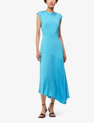 Shop Whistles Women's Turquoise Iris Asymmetric-hem Stretch-jersey Midi Dress