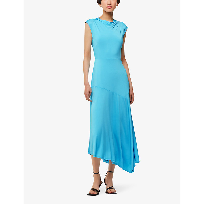 Shop Whistles Iris Asymmetric-hem Stretch-jersey Midi Dress In Turquoise