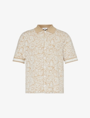 Shop Che Mens Tan Daisy Floral-jacquard Cotton Knitted Shirt