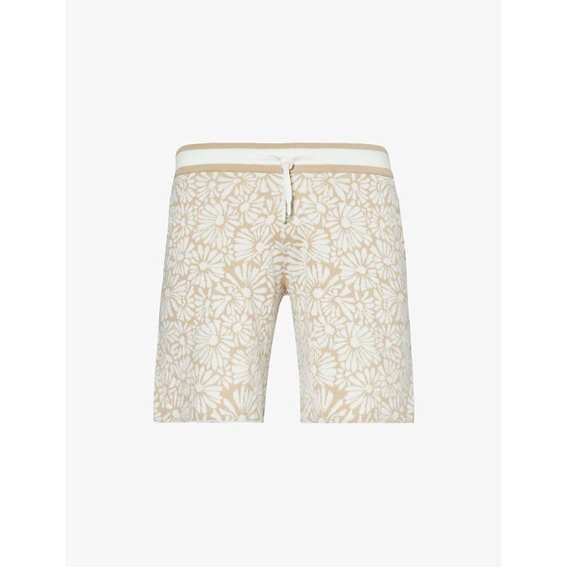Shop Che Men's Tan Daisy Floral-jacquard Cotton Knitted Shorts