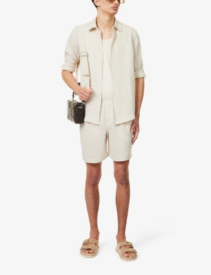 Shop Che Men's Oat Long-sleeved Curved-hem Linen Shirt