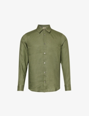 Shop Che Men's Khaki Long-sleeved Curved-hem Linen Shirt