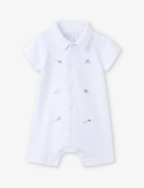 THE LITTLE WHITE COMPANY: Fun in the Sea embroidered organic-cotton romper 0-24 months