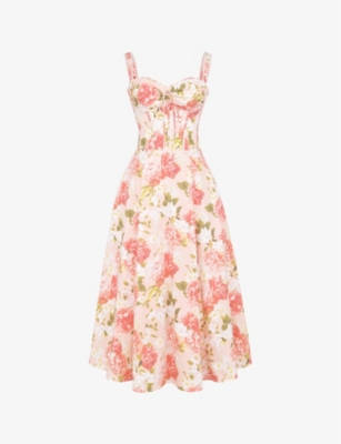 Shop House Of Cb Women's Pink Rosalee Floral-print Stretch Cotton-blend Midi Dress