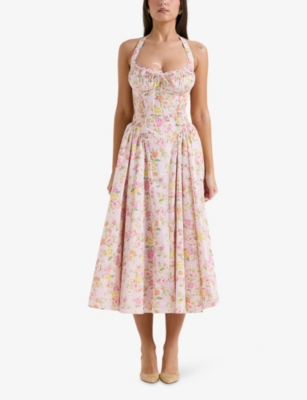 House Of Cb Womens Pink Meadow Adabella Halterneck Stretch-cotton Midi Dress In Pink Meadow