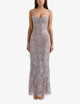 HOUSE OF CB: Azzurra floral-embroidered woven maxi dress