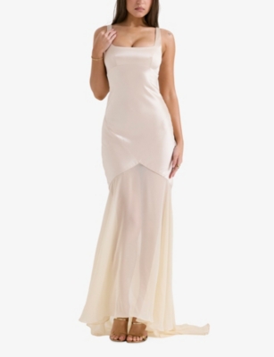 Shop House Of Cb Womens  Vittoria Chiffon-skirt Satin Maxi Dress In Champagne