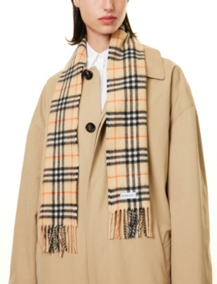 Shop Burberry Check Cashmere Brand-tab Cashmere Scarf One Size Sand Ip Check