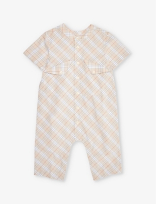 Shop Burberry Check-print Patch-pocket Cotton-poplin Romper 3-18 Months In Pale Stone Ip Check