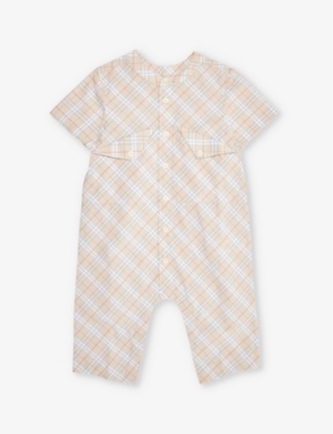 Shop Burberry Pale Stone Ip Check Check-print Patch-pocket Cotton-poplin Romper 3-18 Months