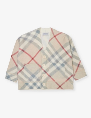 Burberry Girls Pale Stone Ip Check Kids Ashmore Long-sleeve Checked Wool And Cashmere-blend Cardigan