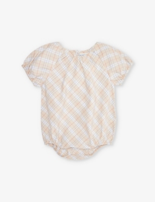 Burberry Babies'  Pale Stone Ip Check Odessa Check-print Cotton-poplin Romper 3-18 Months