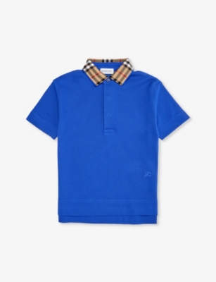 Burberry Boys Knight Kids Check-collar Brand-embroidered Cotton-piqué Polo Shirt In Blue