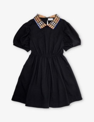 Burberry Kids' Check-collar Cotton Polo Dress In Black