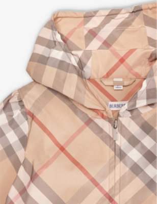 Shop Burberry Tilly Check-print Woven-blend Jacket 3-14 Years In Pale Stone Ip Check