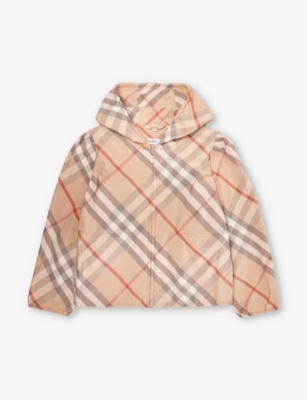 Shop Burberry Tilly Check-print Woven-blend Jacket 3-14 Years In Pale Stone Ip Check