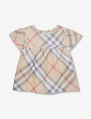 Shop Burberry Girls Pale Stone Ip Check Kids Zoey Check-print Cotton Top 3-14 Years