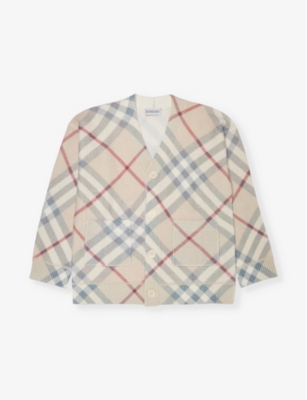 Shop Burberry Girls Pale Stone Ip Check Kids Ashmore Long-sleeve Checked Wool And Cashmere-blend Cardigan