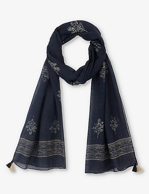 THE WHITE COMPANY: Leaf-motif tassel-embroidered cotton and silk-blend scarf