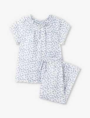 Shop The Little White Company Girls White/blue Kids Floral-print Scalloped-trim Cotton Pyjamas 1-6 Years