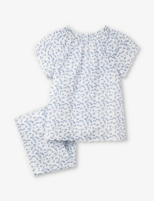 Shop The Little White Company Girls White/blue Kids Floral-print Scalloped-edge Cotton Pyjamas 7-12 Years