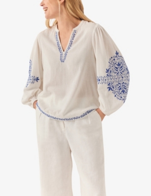 Shop The White Company Womens White/blue Embroidered V-neck Organic-cotton Blouse