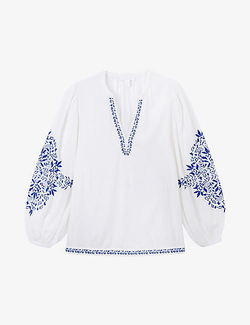 THE WHITE COMPANY: Embroidered V-neck organic-cotton blouse