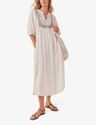 Shop The White Company Women's Whiteblack Tie-neck Embroidered Organic-cotton Midi Dress